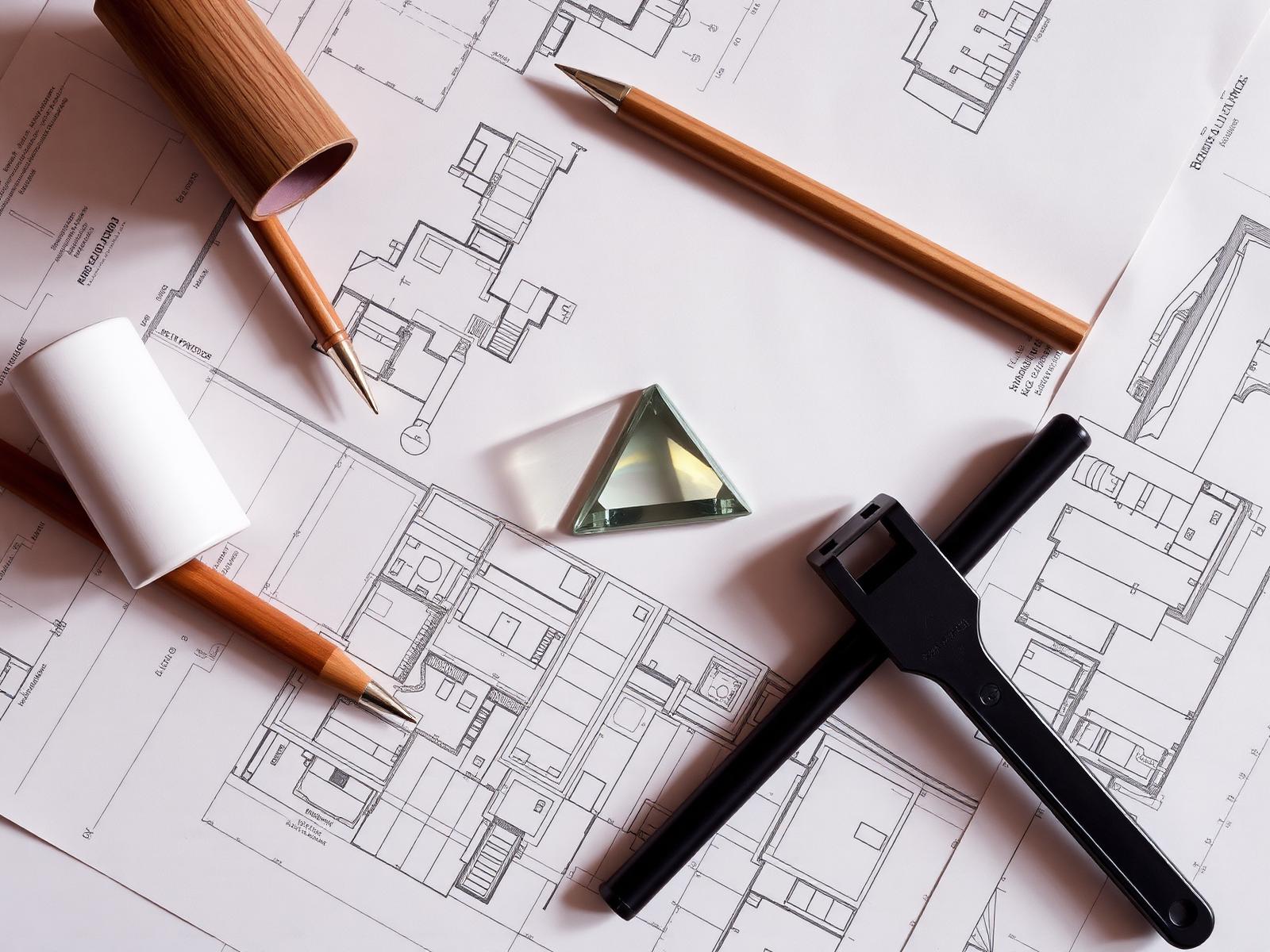 Blueprints and a prism on a desk
